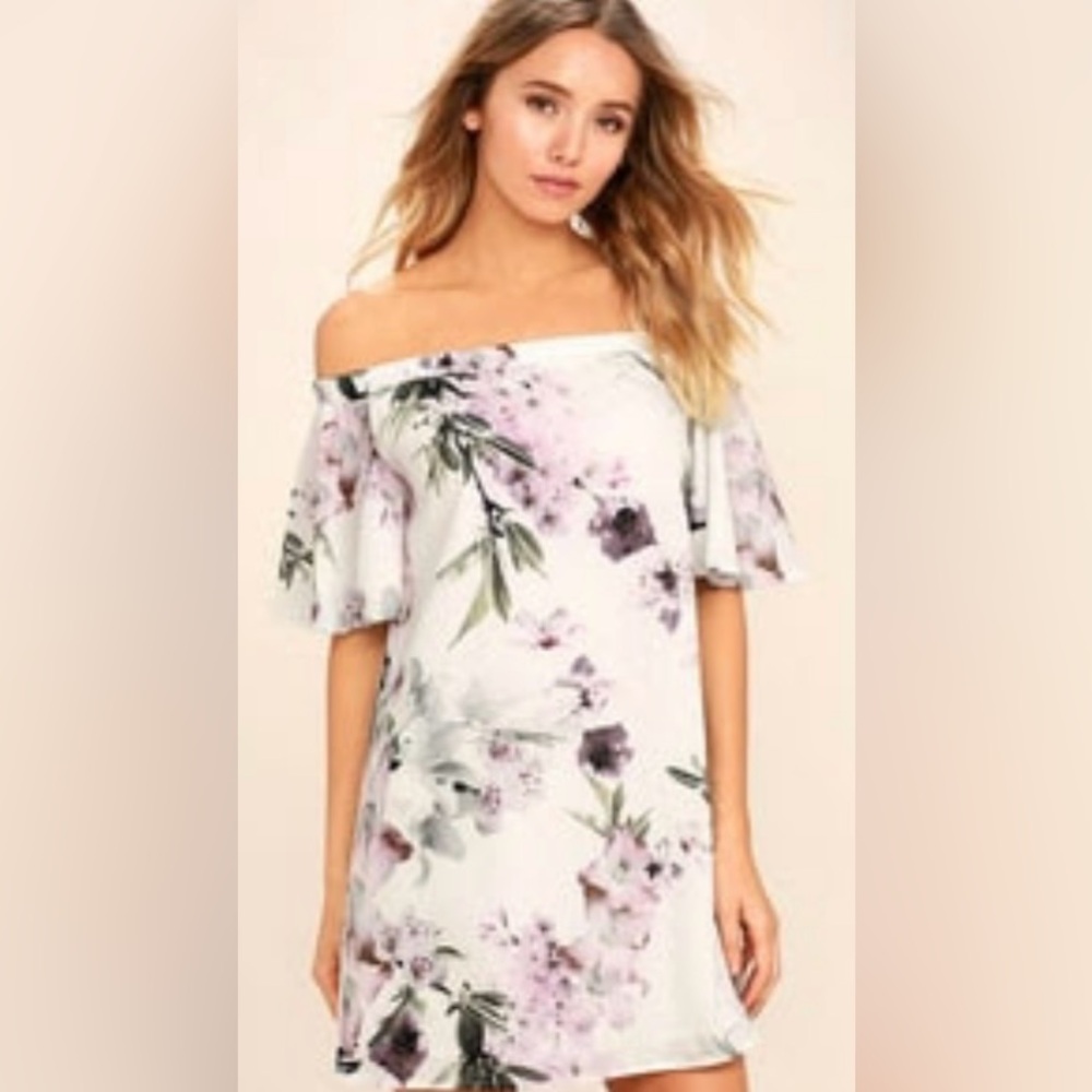 🧁LULUS Dream of U Ivory Floral Print Off-the-Shoulder Shift Dress.P2P-18.5”-19”. - Picture 6 of 7
